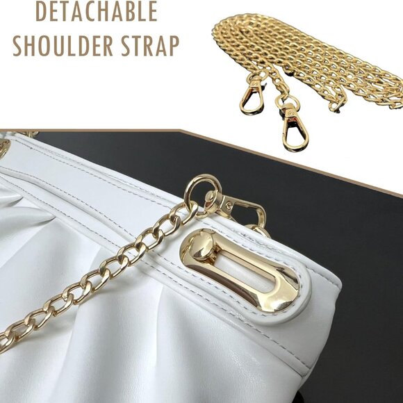 White Vegan Leather Clutch Purse with Telescoping Handle, Elegant Pleats, Detach - Picture 4 of 6